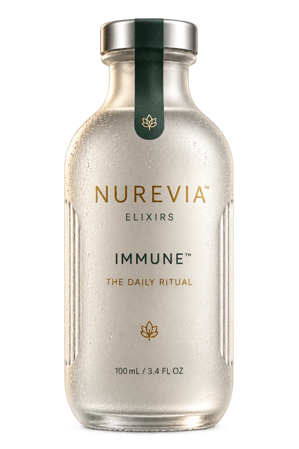 בקבוק NUREVIA™ מזכוכית חלבית, 100 מ״ל, עם פקק כסוף ורצועה צבעונית — IMMUNE™